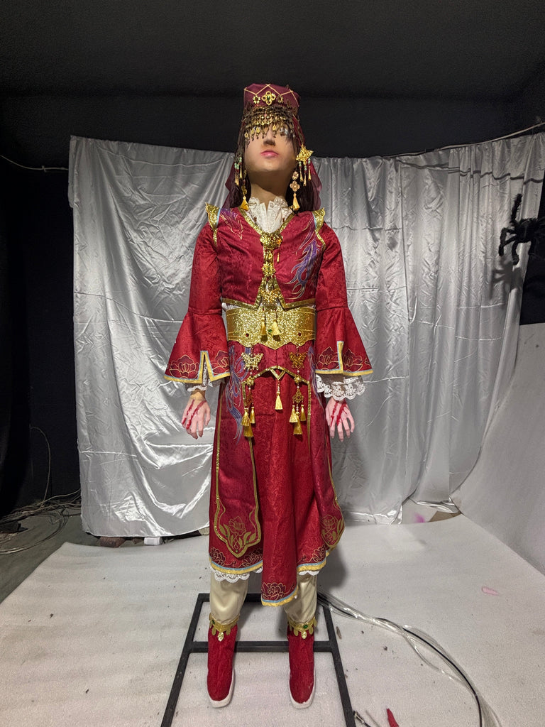 Chinese ghost bride animatronic wearing red dress and holding baby doll