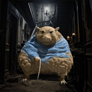 Animatronic mutant rodent in blue cloak inside haunted house hallway